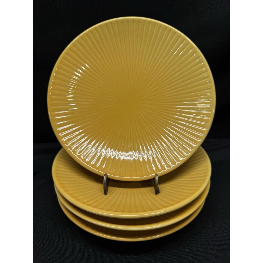 Set Of 4 Yellow Unbranded Round Ceramic Salad Plates Lines Textured Thick 7.5”